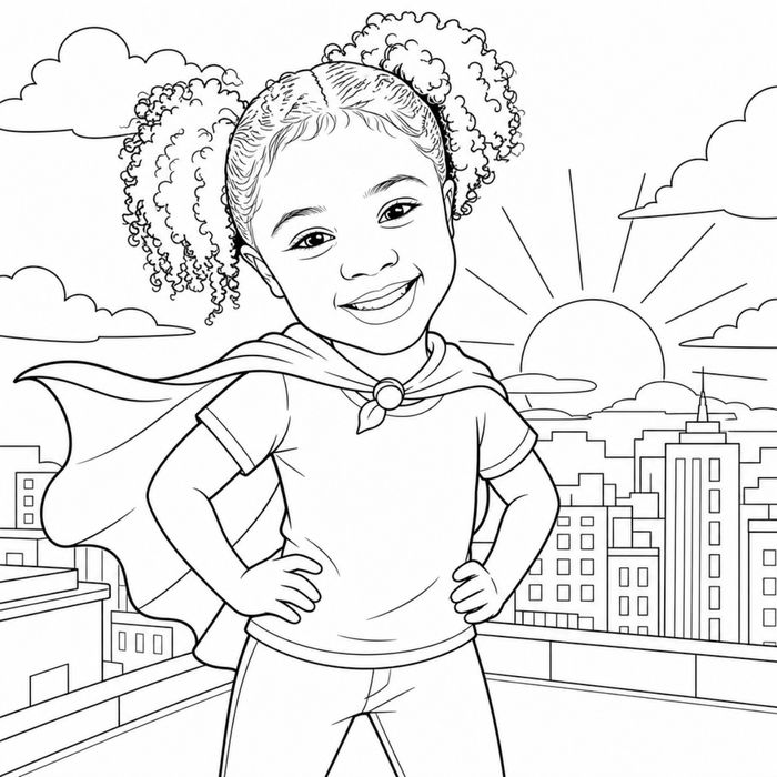 The same girl drawn as a caped superhero on a rooftop
