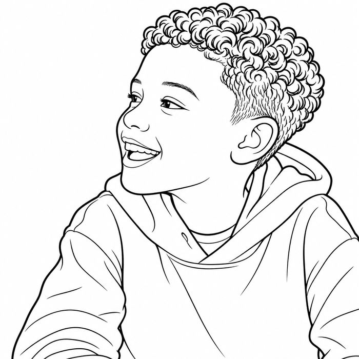 The same boy drawn as a coloring-page portrait from the side