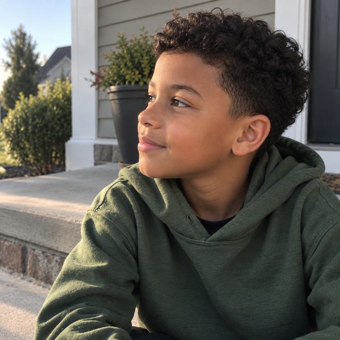 Photo of a boy in a green hoodie looking to the side