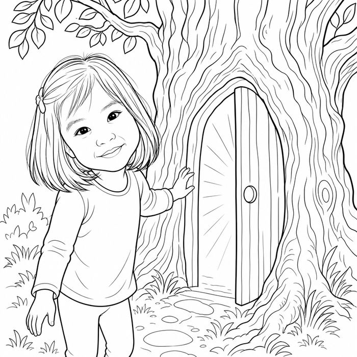 The same girl drawn at a door in a magic tree