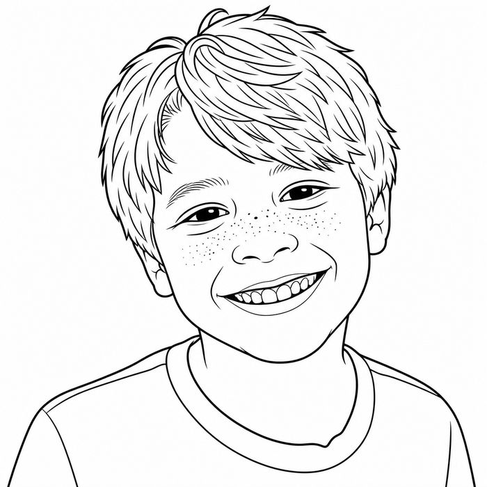 The same boy drawn as a coloring-page portrait