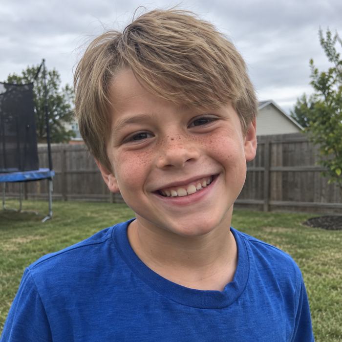 Photo of a smiling boy in a blue shirt
