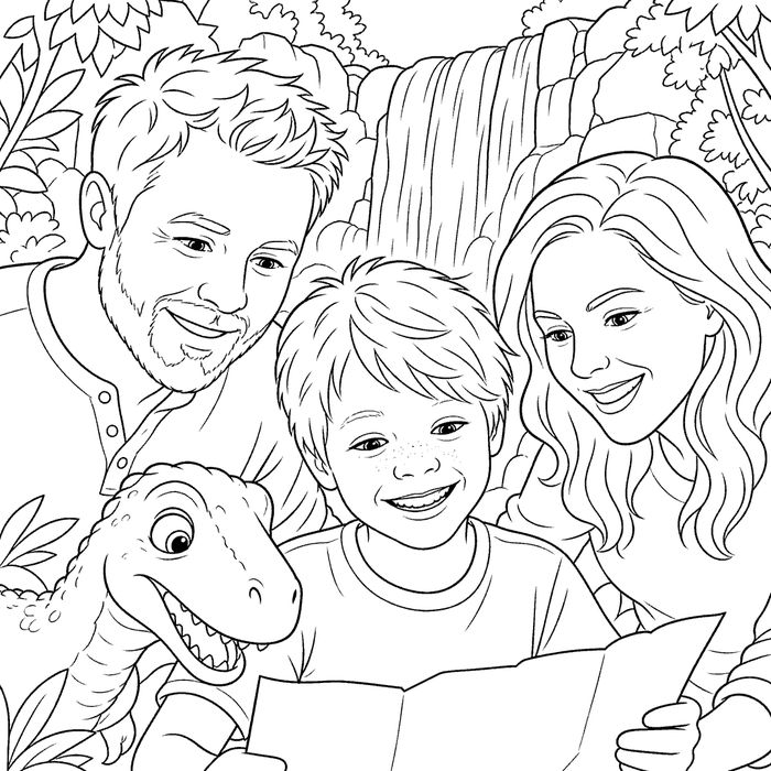 Family meeting a friendly dinosaur