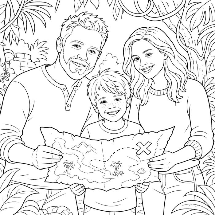 Parents and child reading a treasure map