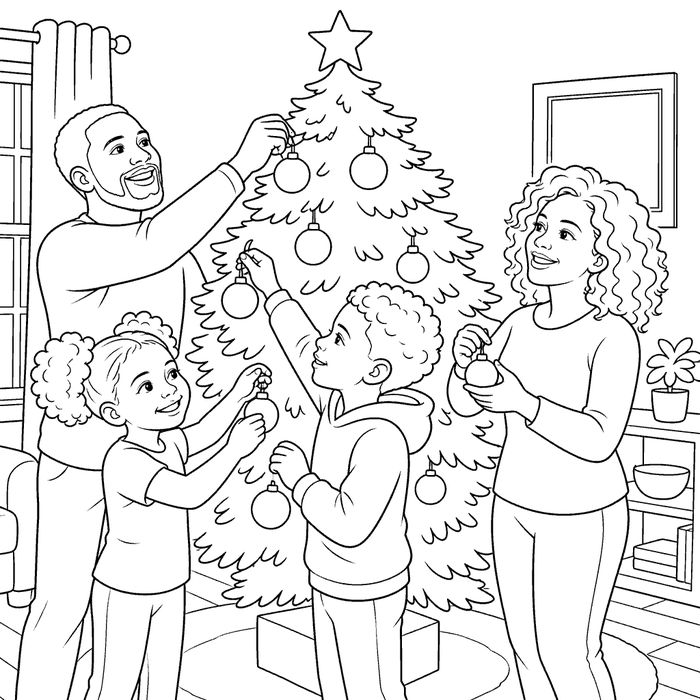 Family decorating a Christmas tree
