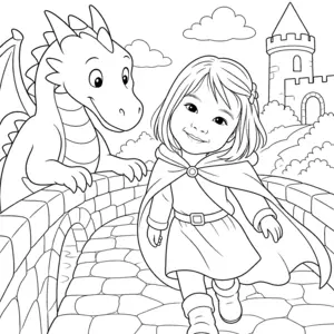 Girl in a cloak on a castle bridge with a dragon