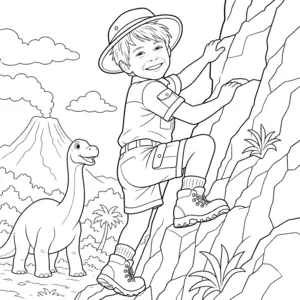 Explorer climbing beside a dinosaur